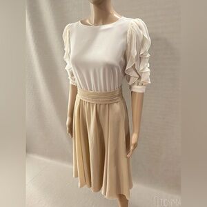 Vintage 70’s/80’s Ursula of Switzerland taupe cream chiffon dress Ruffle Sleeves